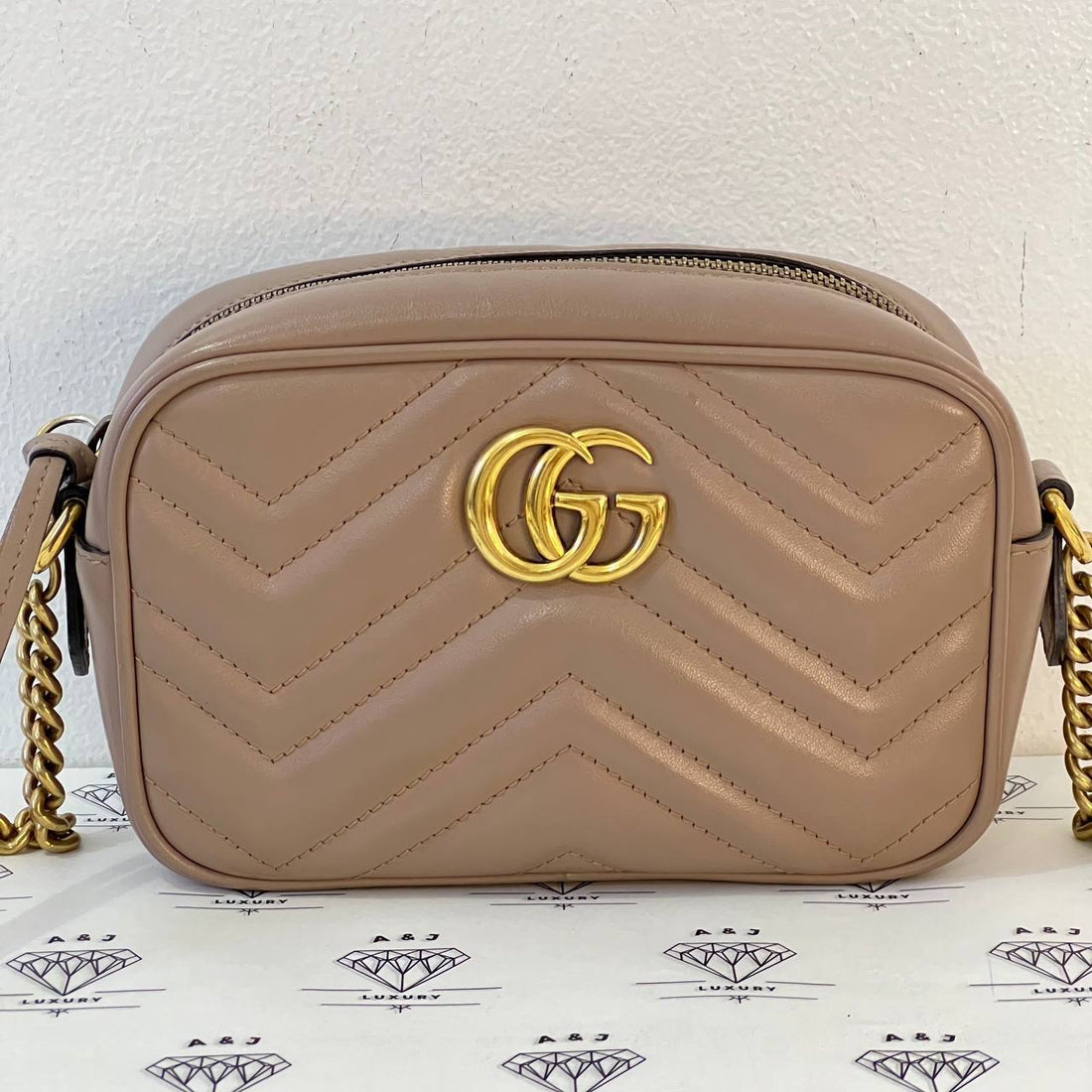 [PRE LOVED] Gucci Mini Marmont Camera Bag in Beige GHW