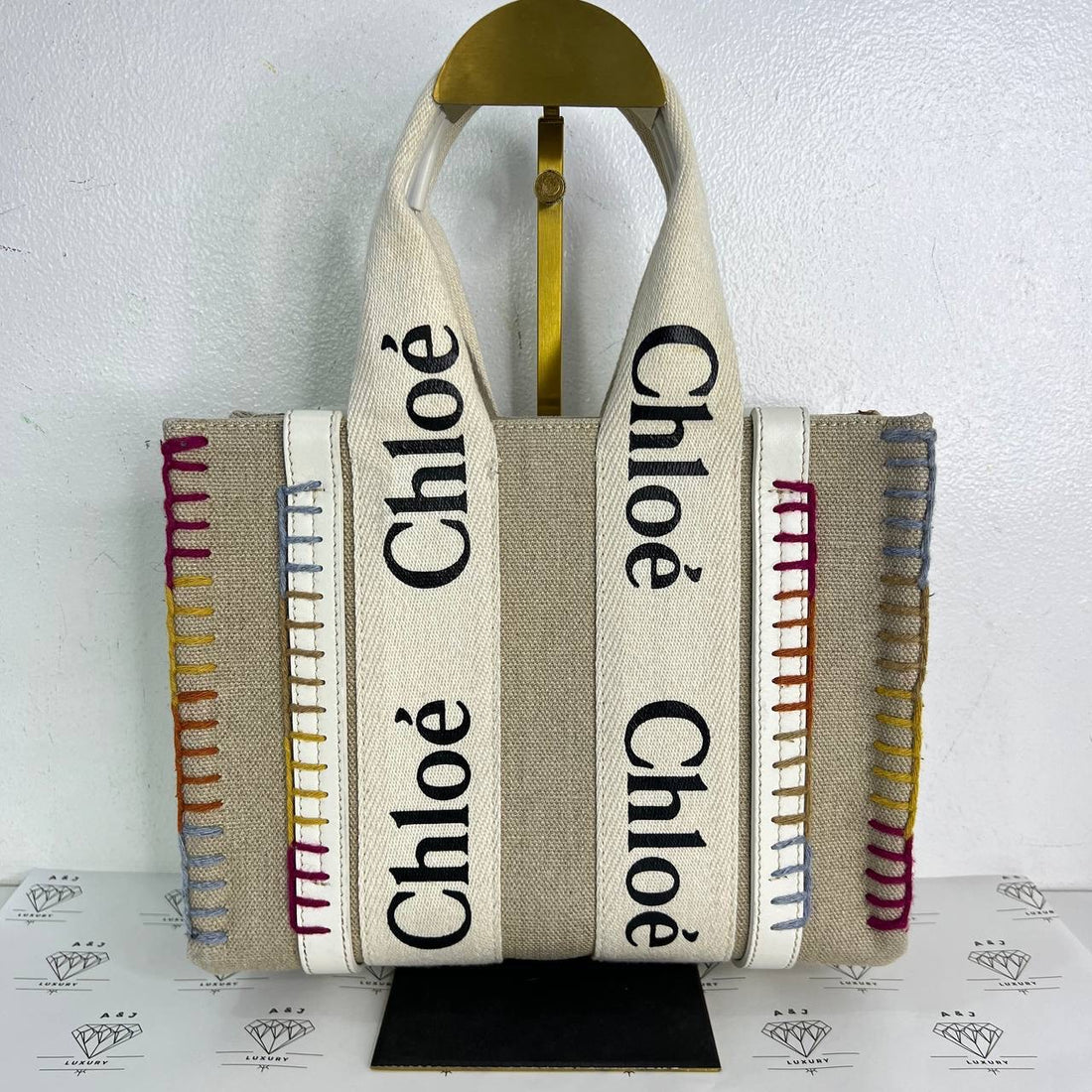 [PRE LOVED] Chloe Small Woody Tote with Blanket Stitch White Leather trims GHW
