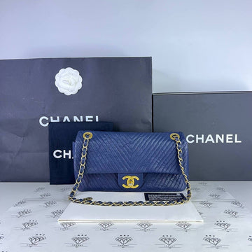 [PRE LOVED] Chanel Surpique Chevron Single Flap in Blue Calfskin Leather GHW (Series 21)