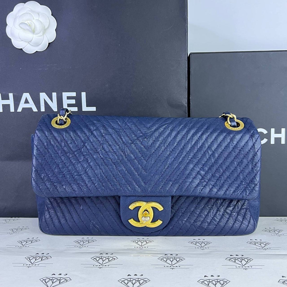 [PRE LOVED] Chanel Surpique Chevron Single Flap in Blue Calfskin Leather GHW (Series 21)