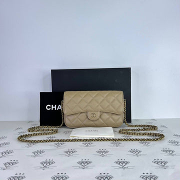 [PRE LOVED] Chanel Phone Holder Wallet on Chain in Milktea Caviar Leather GHW (microchipped)