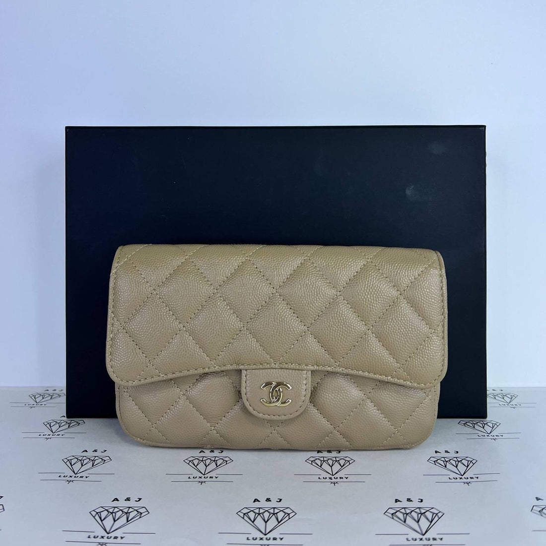 [PRE LOVED] Chanel Phone Holder Wallet on Chain in Milktea Caviar Leather GHW (microchipped)