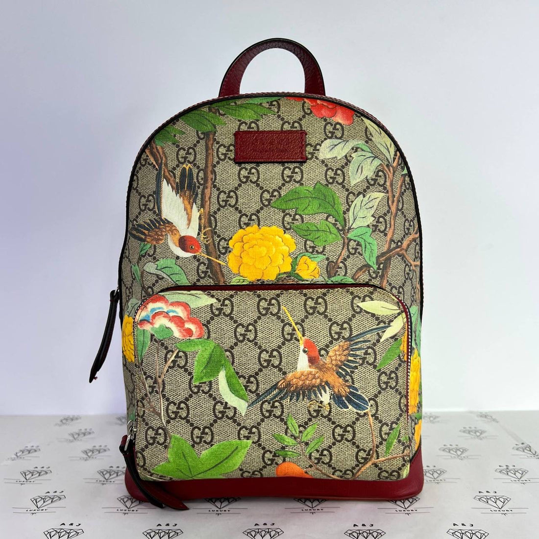 [PRE LOVED] Gucci Small GG Supreme Tian Backpack in Brown with Red Leather Trims SHW