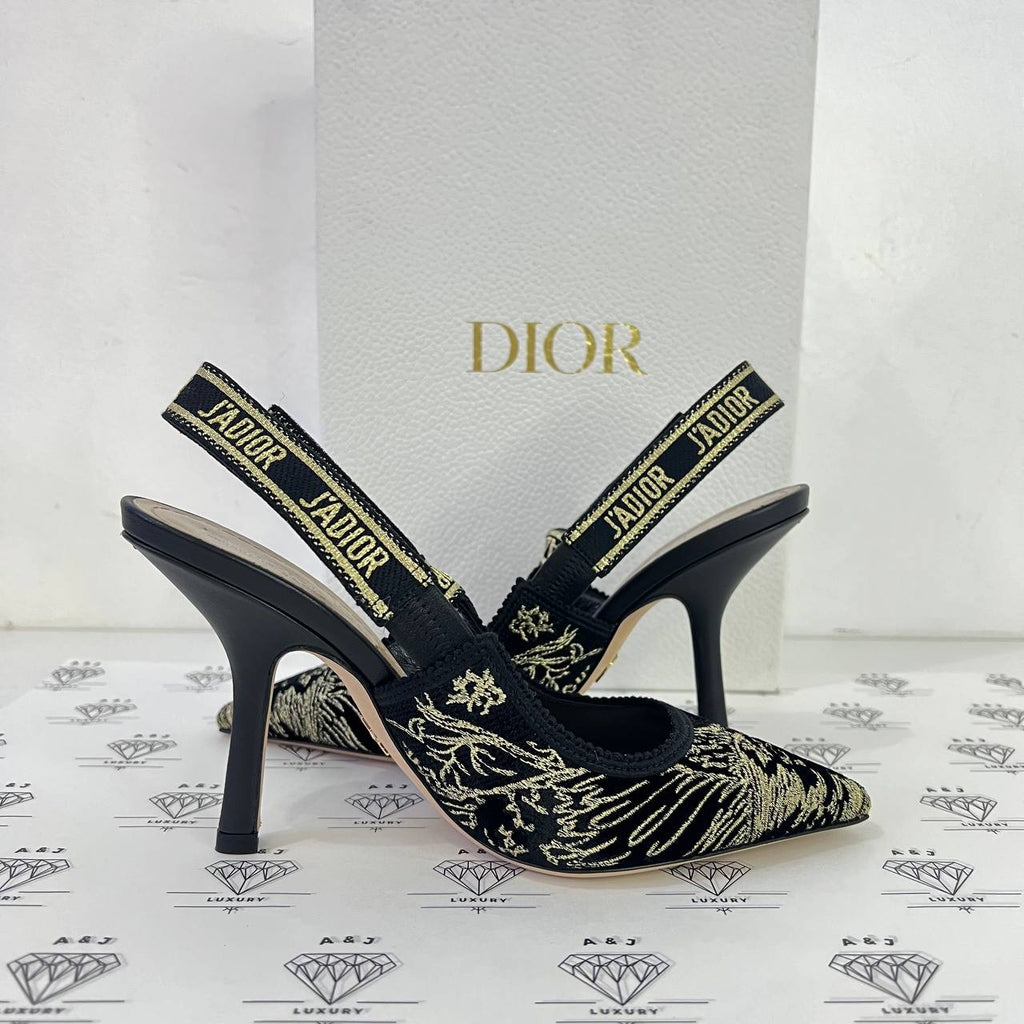 [PRE LOVED] Christian Dior Slingback Pumps in Black and Gold Lace Size 35EU