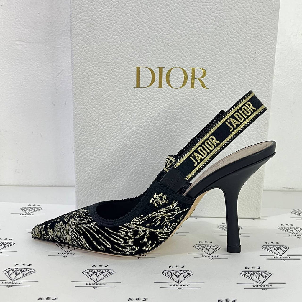 [PRE LOVED] Christian Dior Slingback Pumps in Black and Gold Lace Size 35EU