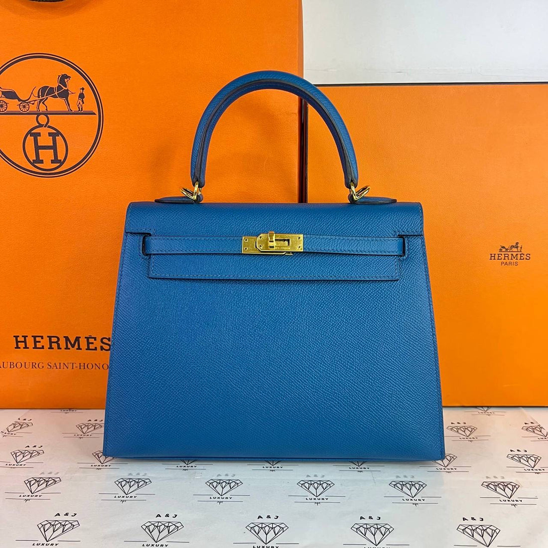 [PRE LOVED] Hermes Kelly 25 Sellier in Blue Izmir Epsom Leather GHW (Stamp R Square - 2014)