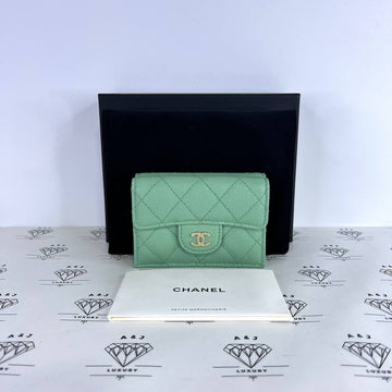 [PRE LOVED] Chanel Compact Trifold Wallet in Light Green Caviar Leather in Light Gold HW (microchipped)