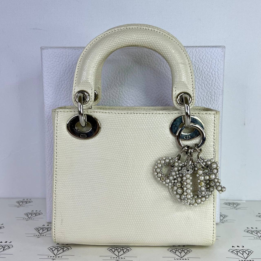 [PRE LOVED] Christian Dior Mini Lady D with Pearl Logo in White Lizard SHW (2020)