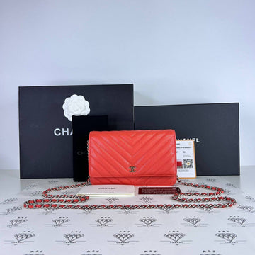 [PRE LOVED] Chanel Classic Wallet on Chain Chevron in Red Caviar Leather SHW (Series 26)