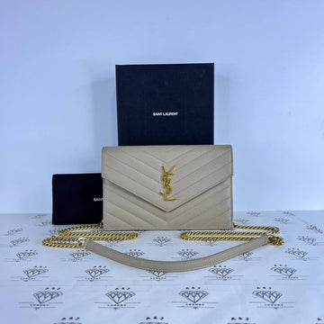 [PRE LOVED] YSL Small Wallet on Chain in Beige Grain De Poudre GHW