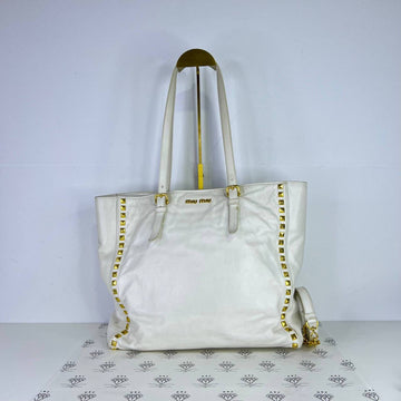 [PRE LOVED] Miu Miu Soft Calf Studded Tote Bag in White GHW