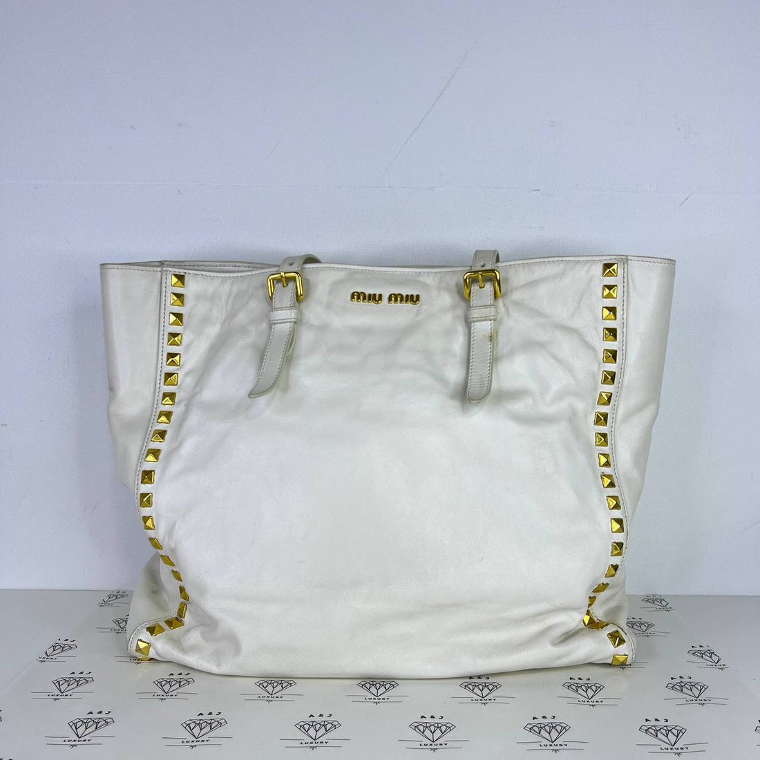 [PRE LOVED] Miu Miu Soft Calf Studded Tote Bag in White GHW