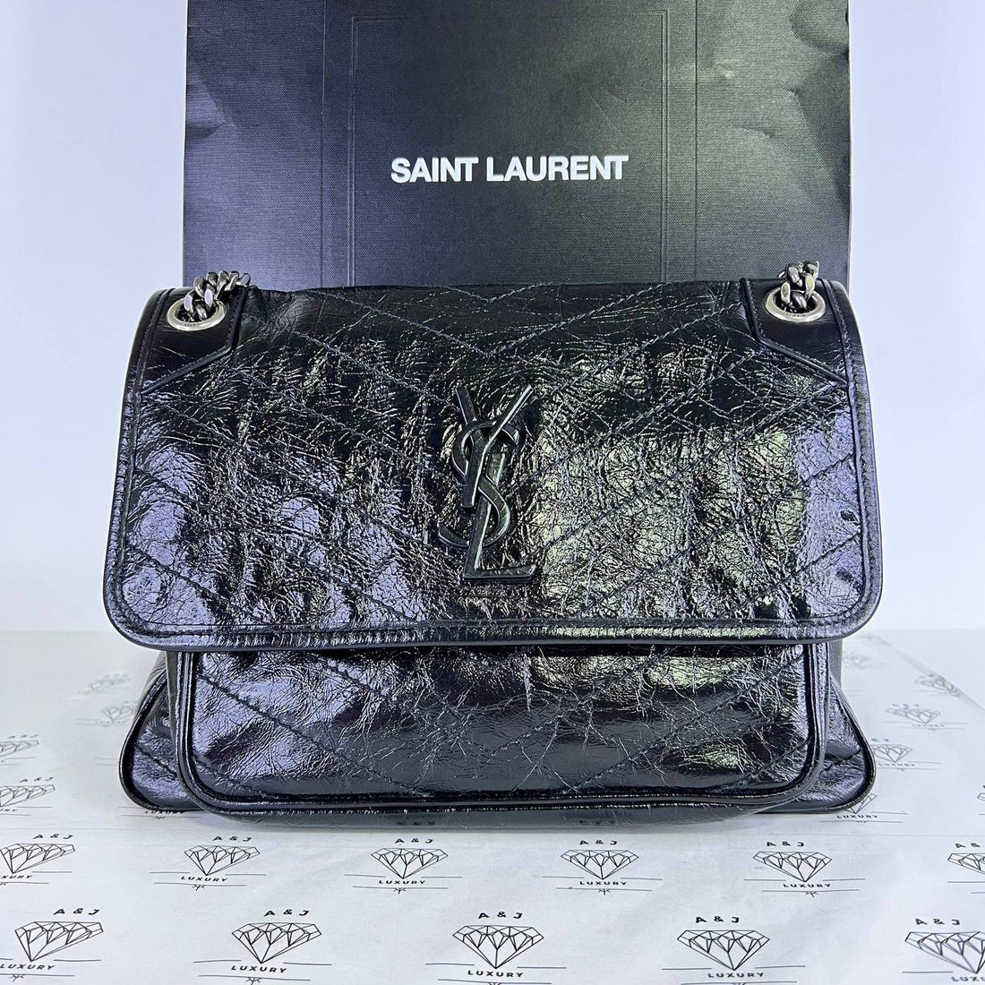[PRE LOVED] YSL Medium Niki in Black Crinkled Calfskin Leather BHW