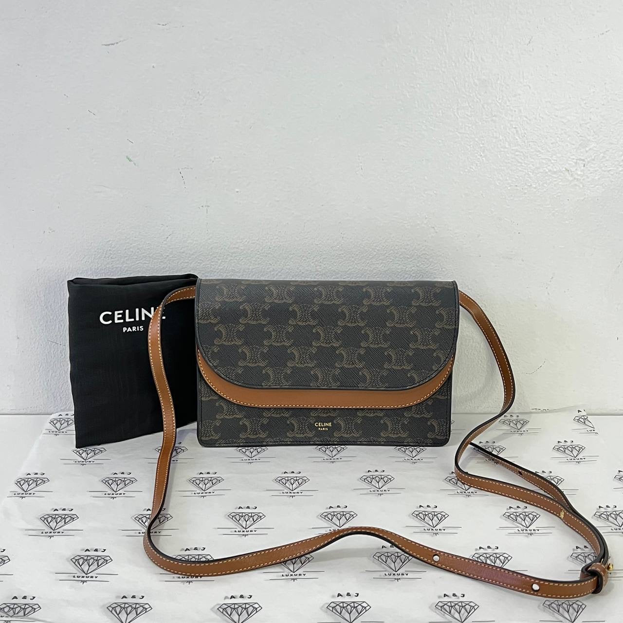 [PRE LOVED] Celine Wallet on Strap in Tan Triomphe Canvass and Smooth Calfskin Leather