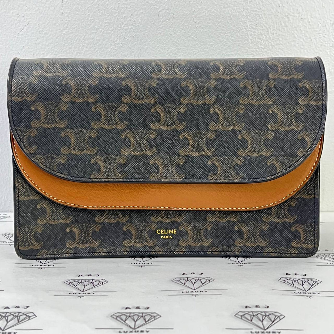 [PRE LOVED] Celine Wallet on Strap in Tan Triomphe Canvass and Smooth Calfskin Leather