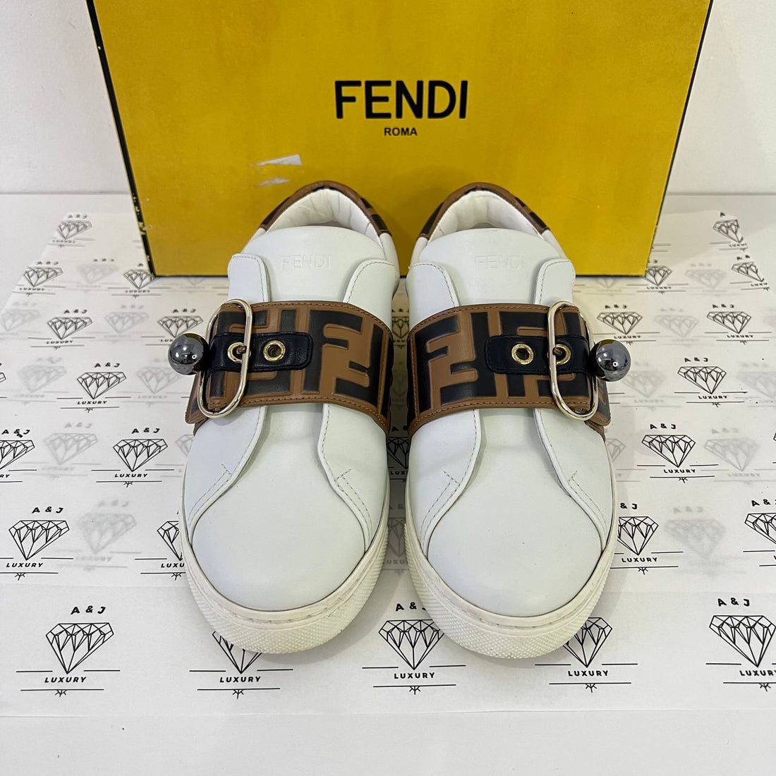 [PRE LOVED] Fendi Embossed Sneakers in White Size 36