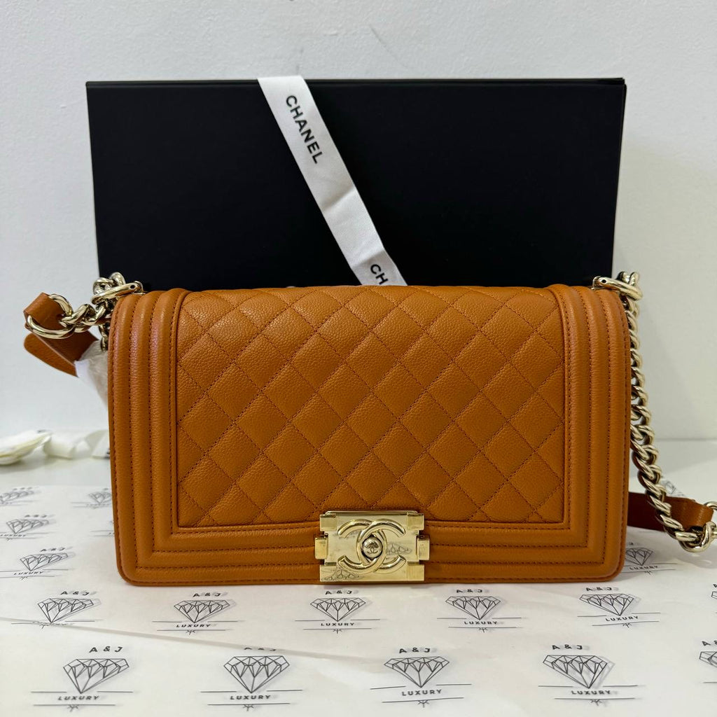 [PRE LOVED] Chanel Old Medium Leboy in Cognac Quilted Caviar Leather Shiny Gold HW (microchipped)