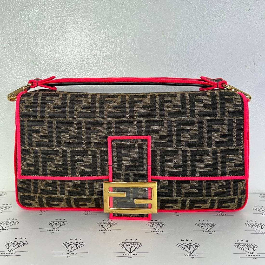 [PRE LOVED] Fendi Baguette in Brown Canvass with Pink Leather trims GHW