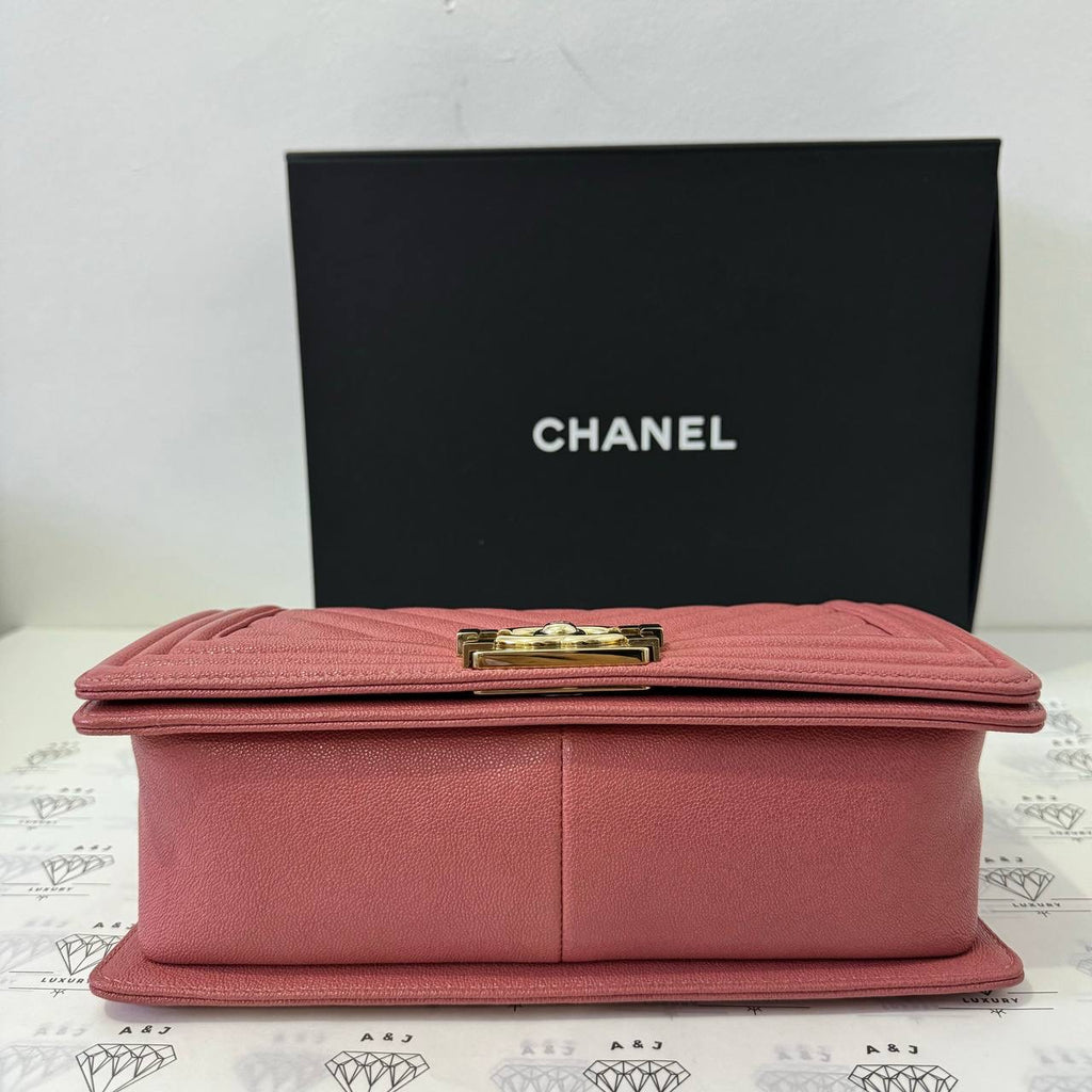 [PRE LOVED] Chanel 19B Collection Old Medium Leboy in Pink Chevron Caviar Leather Shiny Gold HW (Series 28)