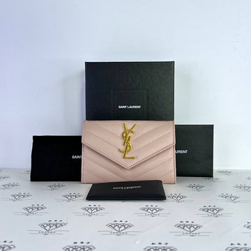 [PRE LOVED] YSL Monogram Flap Cardholder in Light Pink Grain De Poudre Leather GHW