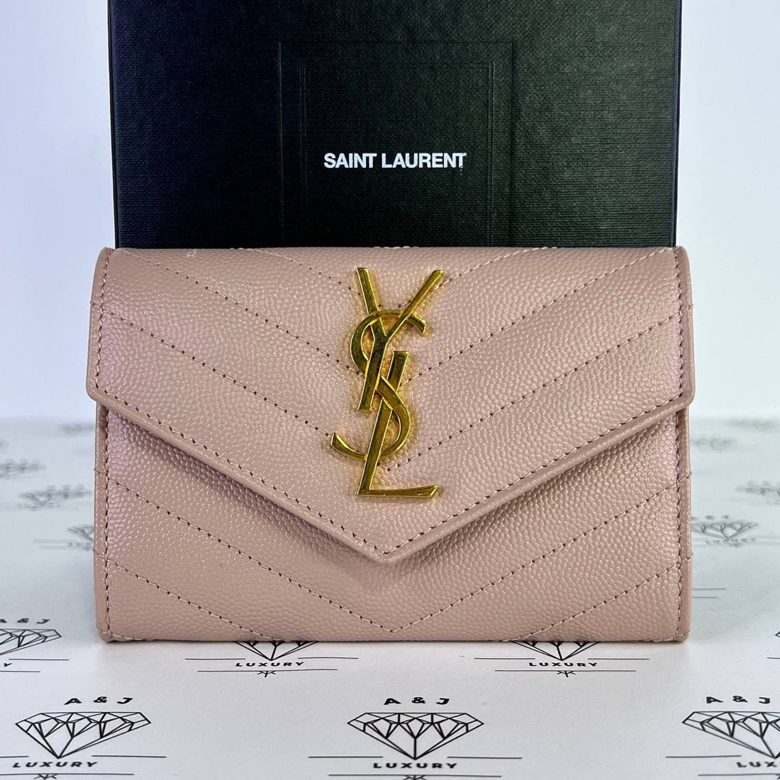 [PRE LOVED] YSL Monogram Flap Cardholder in Light Pink Grain De Poudre Leather GHW