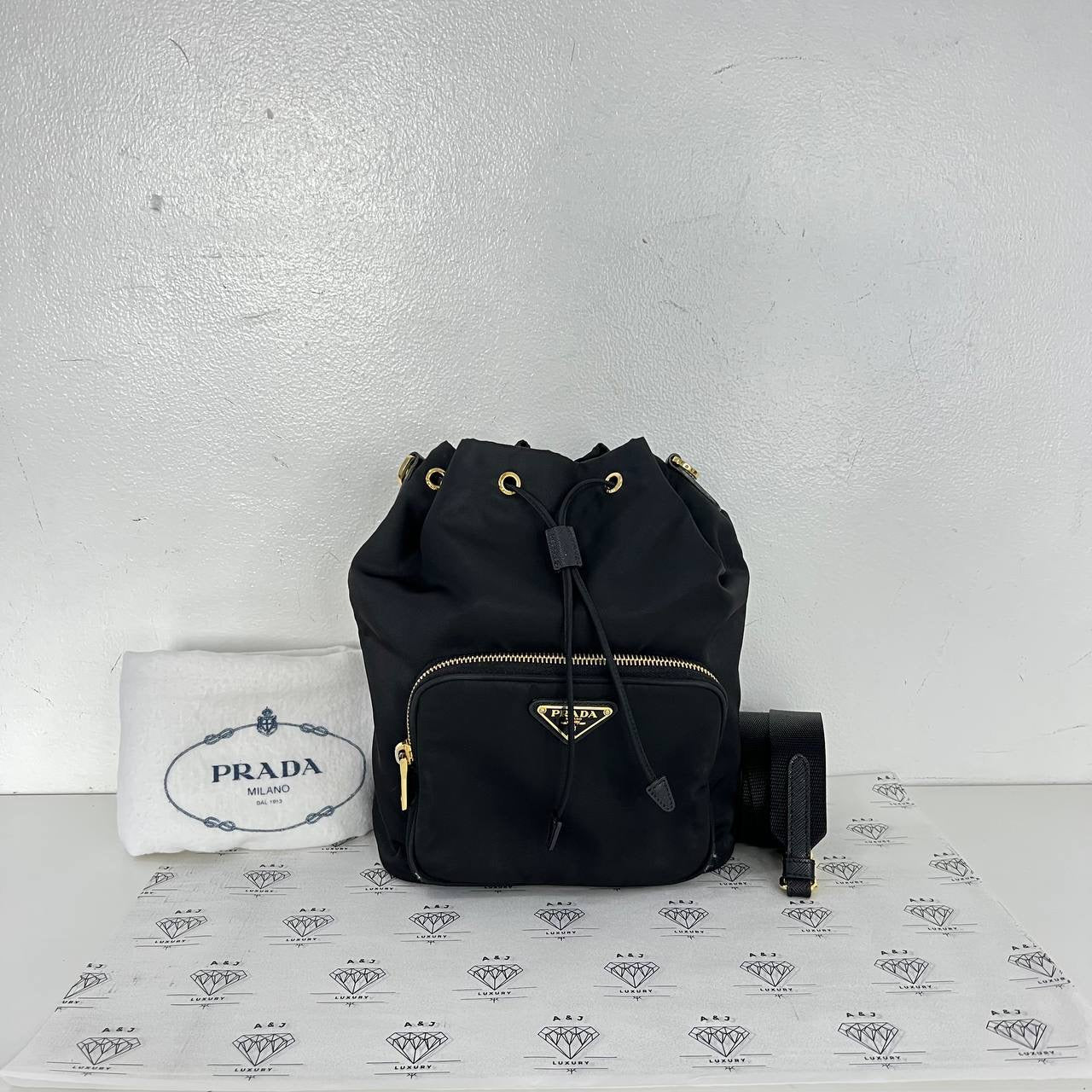 [PRE LOVED] Prada Re-Nylon Drawstring Bucket Bag in Black GHW