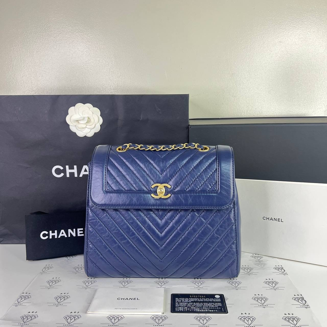 [PRE LOVED] Chanel Chevron Backpack in Blue Crinkled Calfskin Leather Aged Gold HW (Series 24)