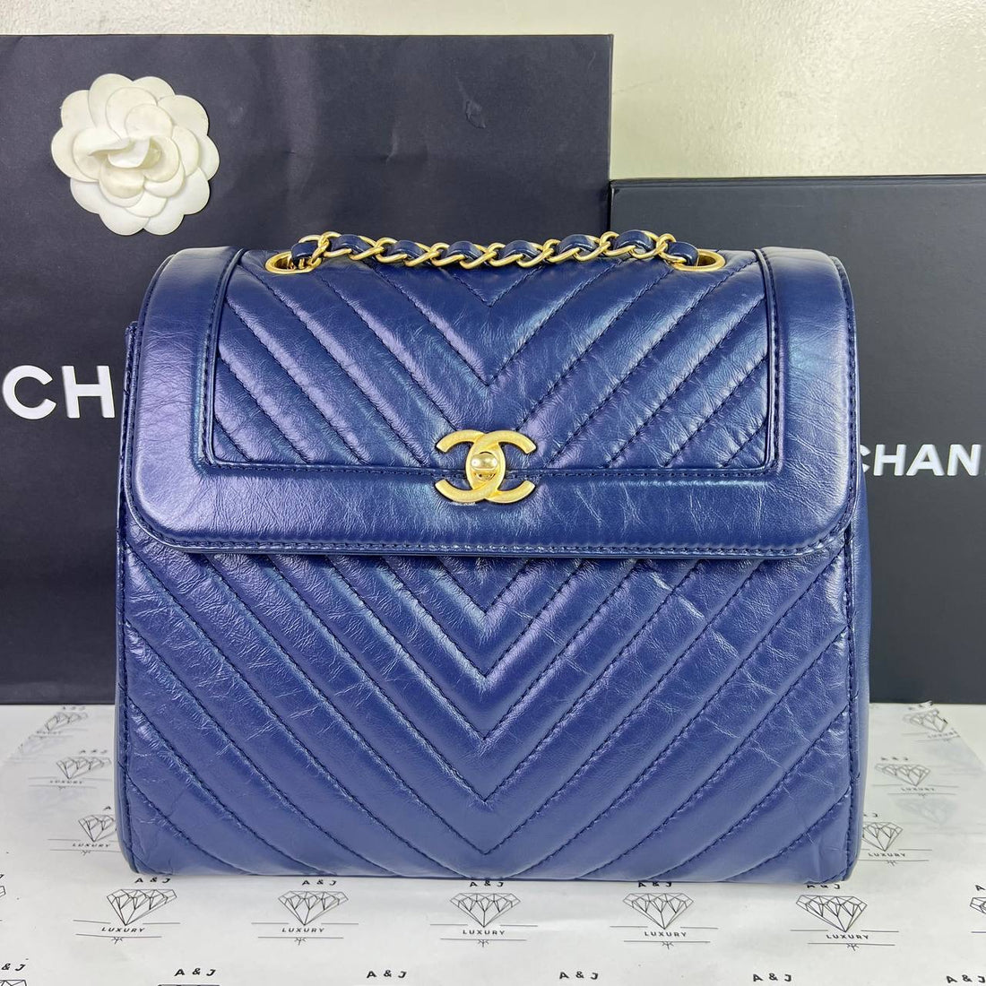 [PRE LOVED] Chanel Chevron Backpack in Blue Crinkled Calfskin Leather Aged Gold HW (Series 24)