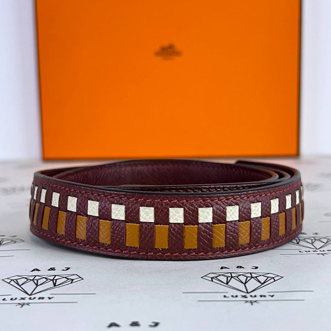 [PRE LOVED] Hermes Tressage Strap in Rouge H/Nata/Gold PHW 85cms (Stamp C - 2018)