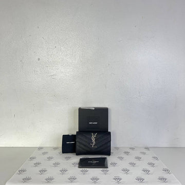 [PRE LOVED] YSL Flap Cardholder in Black Grain De Poudre Leather SHW