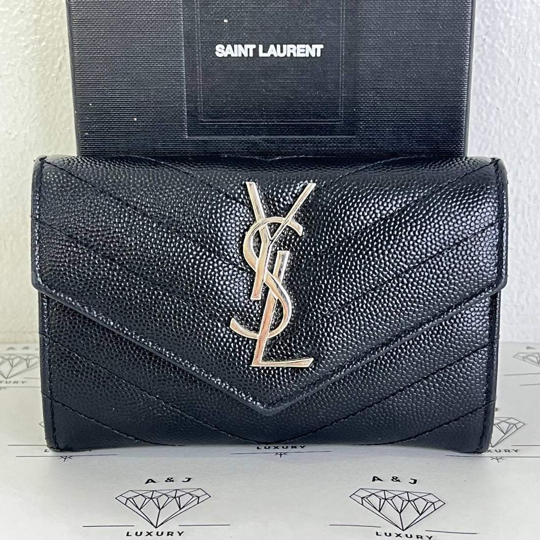 [PRE LOVED] YSL Flap Cardholder in Black Grain De Poudre Leather SHW