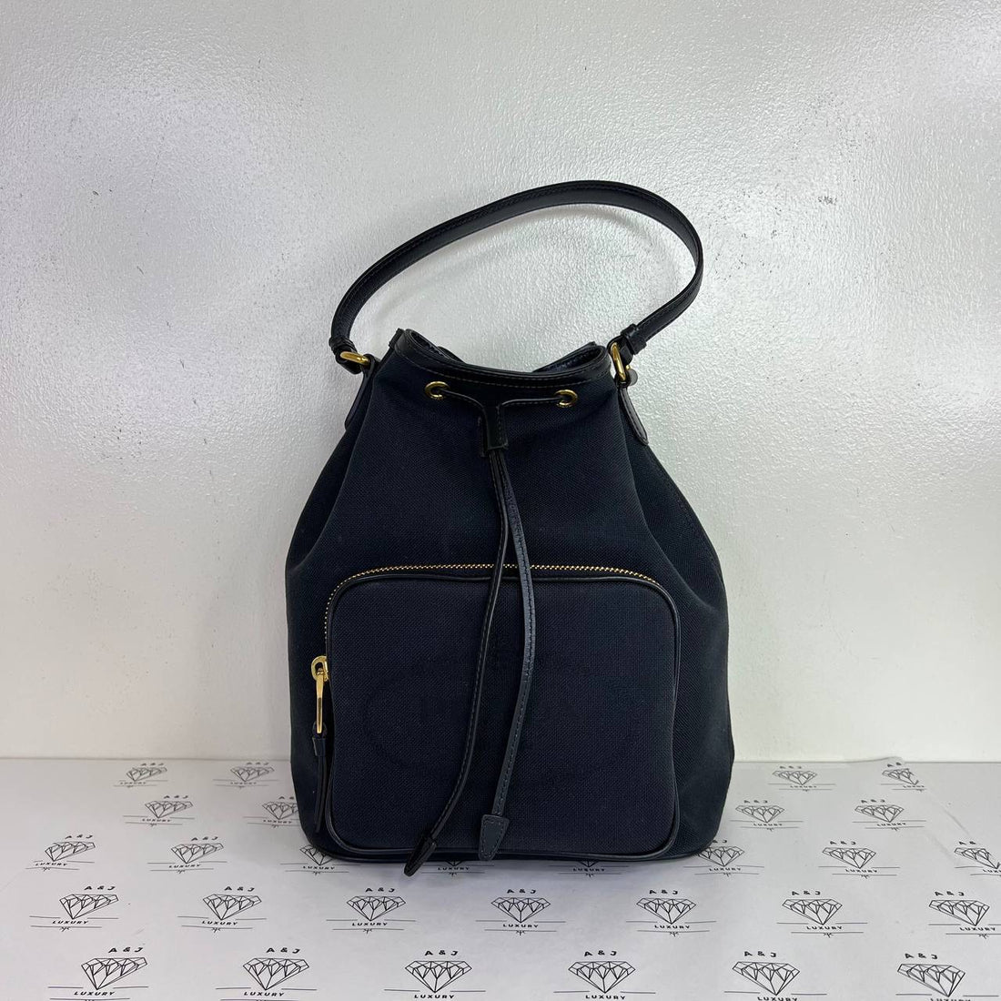 [PRE LOVED] Prada 1BH097 Logo Jacquard Bucket Bag in Nero GHW