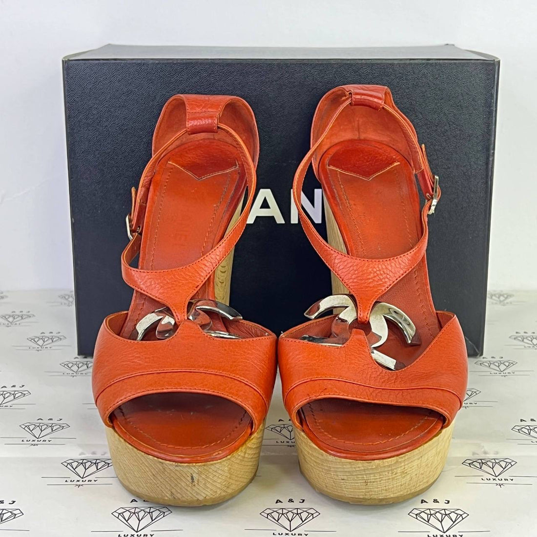 [PRE LOVED] Chanel Logo Ankle Strap Heels in Orange Size 37.5EU