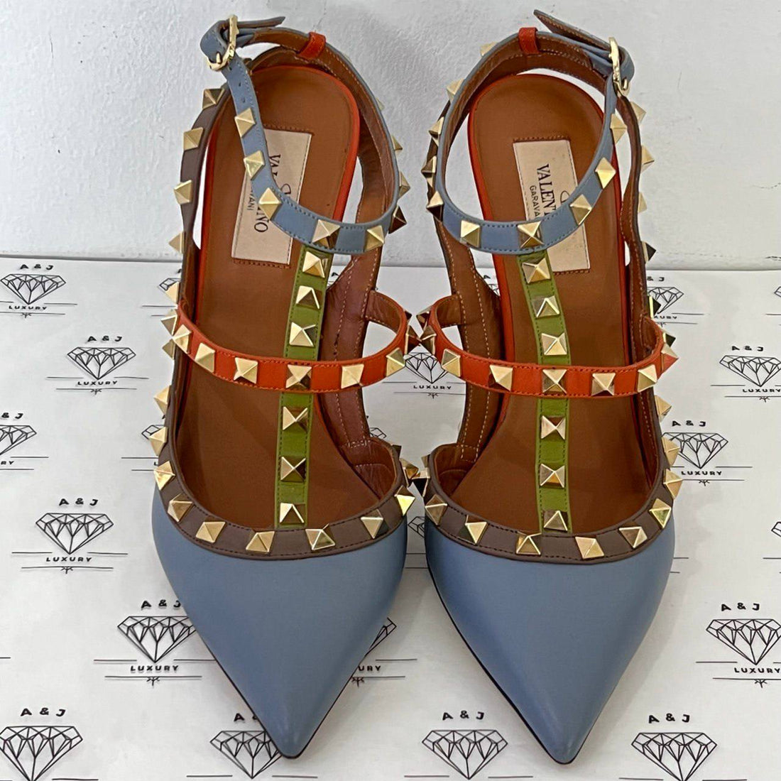 [PRE LOVED] Valentino Rockstud Heels in Blue/Green/Orange Size 39EU