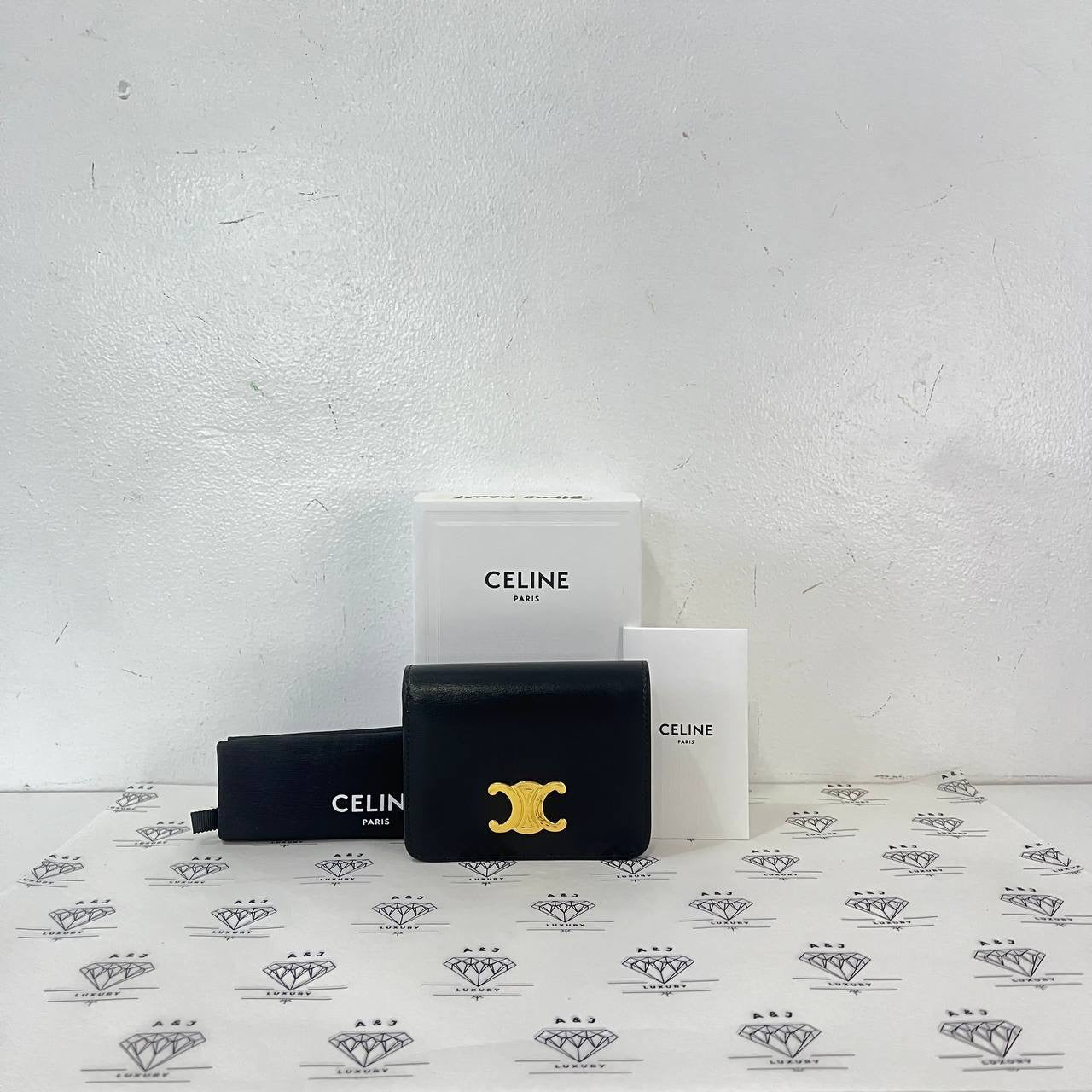 [PRE LOVED] Celine Triomphe Compact Wallet in Black Shiny Calfskin GHW