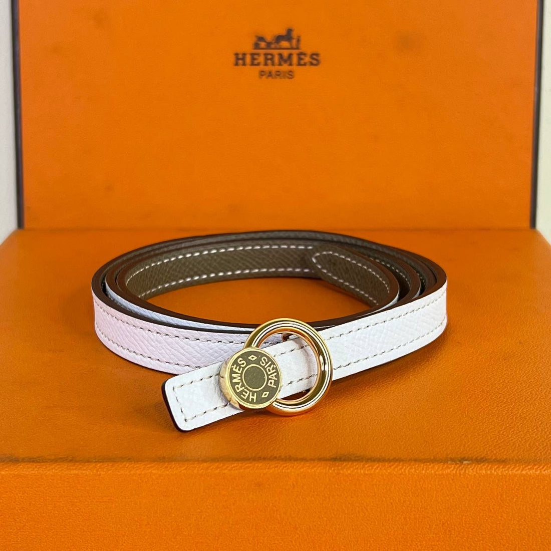 [PRE LOVED] Hermes Clou De Selle Buckle Reversible Belt in White/Nata RGHW Size 85 (Stamp A - 2017)
