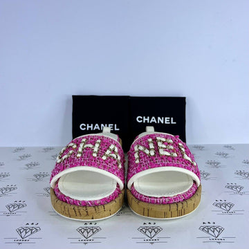 [PRE LOVED] Chanel Tweed Logo Chain Slides in Pink Size 39EU