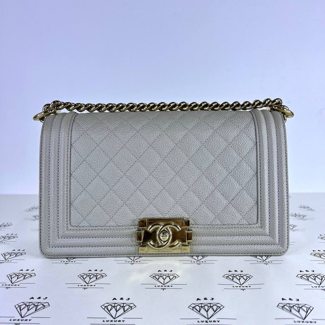 [PRE LOVED] Chanel Old Medium Leboy in Light Gray Caviar Leather Light Gold HW (Series 29)