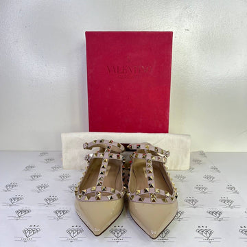 [PRE LOVED] Valentino Rockstud Caged Flats in Beige Patent Leather Size 37.5EU