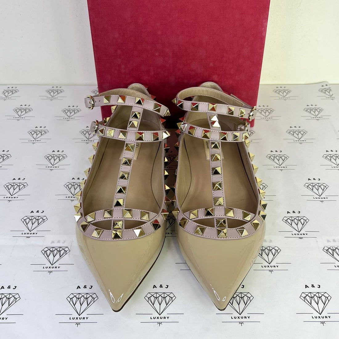 [PRE LOVED] Valentino Rockstud Caged Flats in Beige Patent Leather Size 37.5EU
