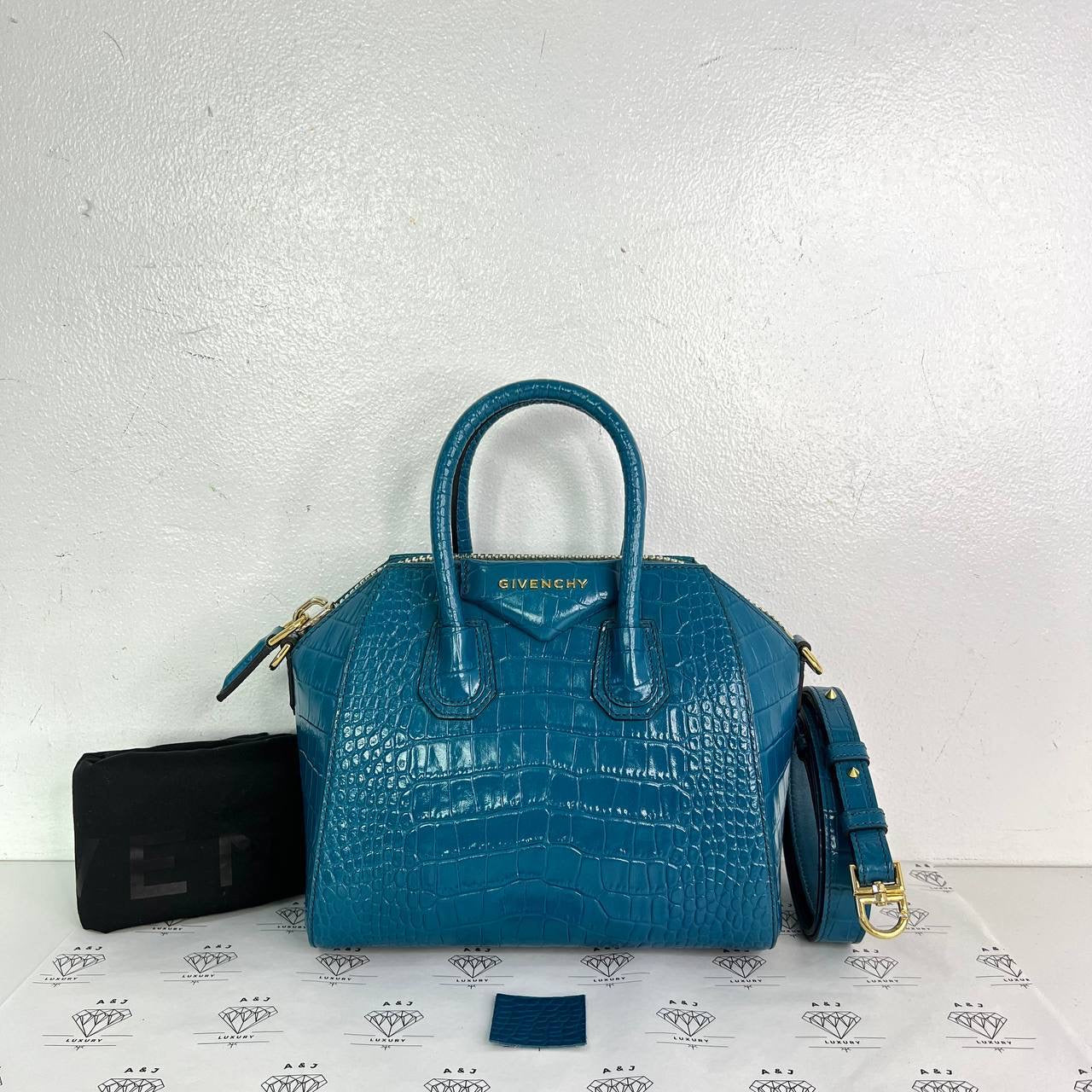 [PRE LOVED] Givenchy Mini Antigona in Blue Green Croc Embossed Leather GHW