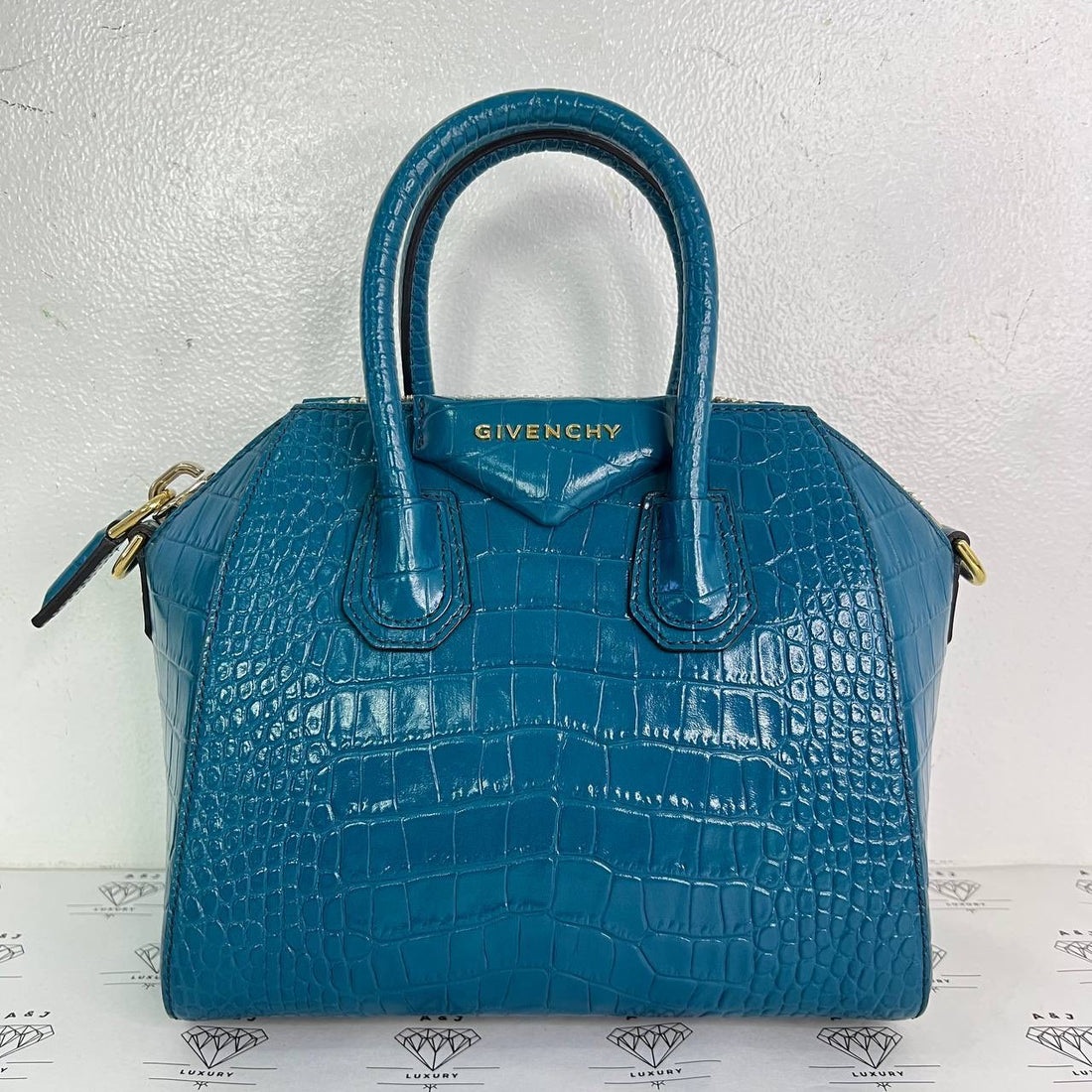 [PRE LOVED] Givenchy Mini Antigona in Blue Green Croc Embossed Leather GHW