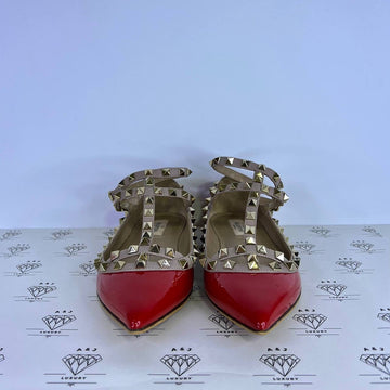 [PRE LOVED] Valentino Rockstud Caged Flats in Red Patent Leather Size 37EU