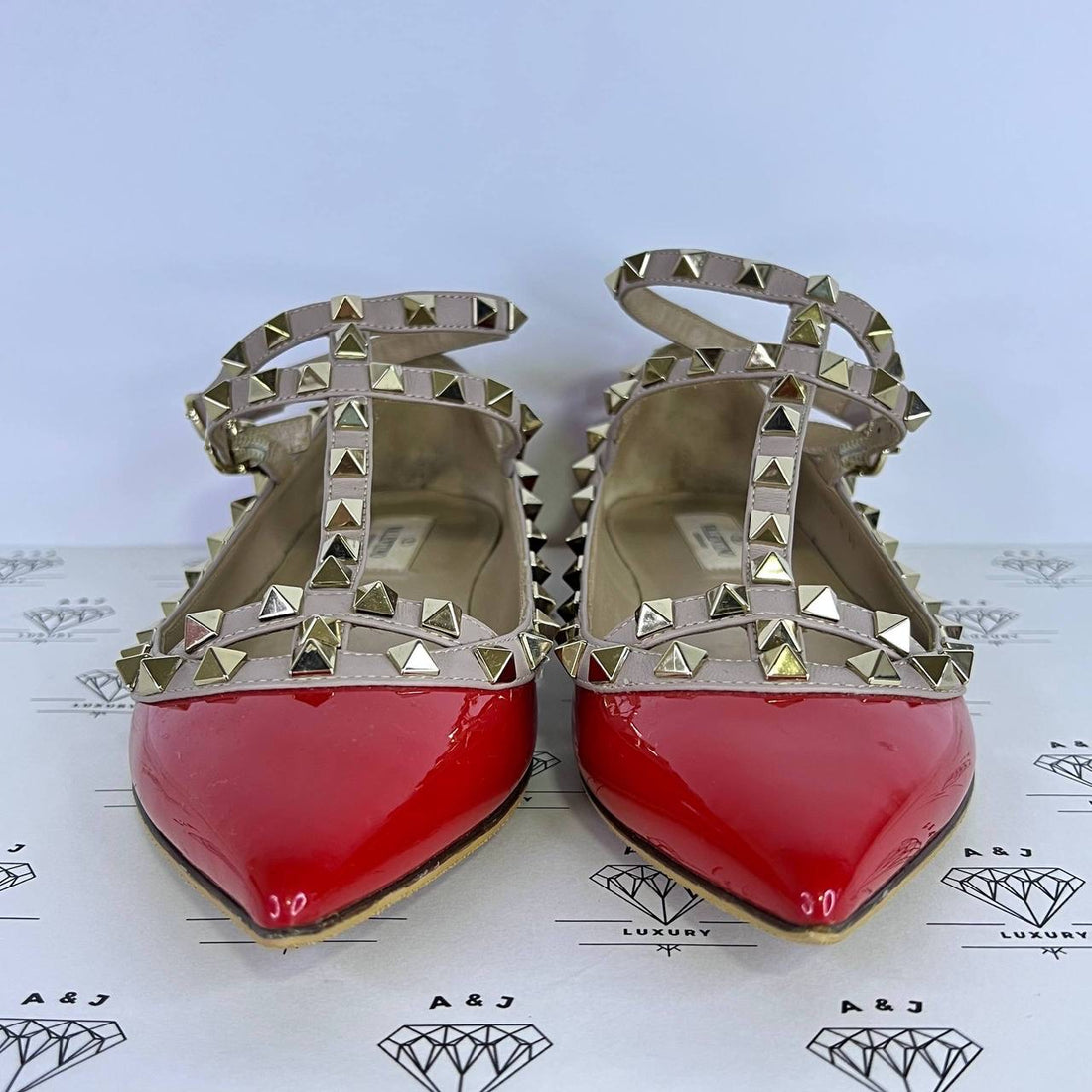 [PRE LOVED] Valentino Rockstud Caged Flats in Red Patent Leather Size 37EU