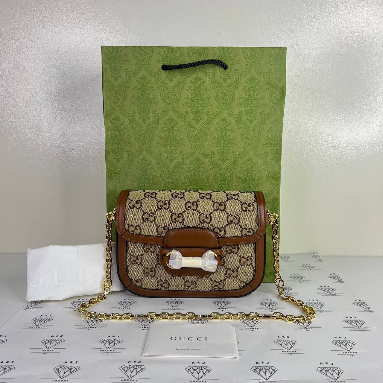 [PRE LOVED] Gucci Mini Horsebit 1955 Crystal Embellished with Brown Leather trims