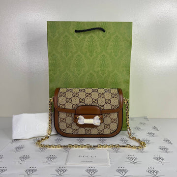 [PRE LOVED] Gucci Mini Horsebit 1955 Crystal Embellished with Brown Leather trims
