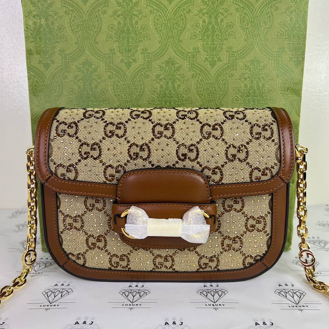 [PRE LOVED] Gucci Mini Horsebit 1955 Crystal Embellished with Brown Leather trims