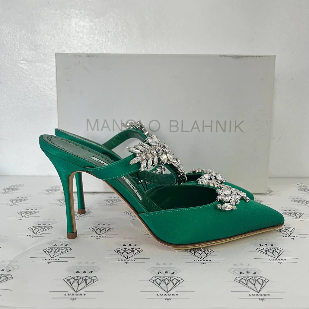 [PRE LOVED] Manolo Blahnik Crystal Embellished Lurum Pumps in Green Satin Size 38EU