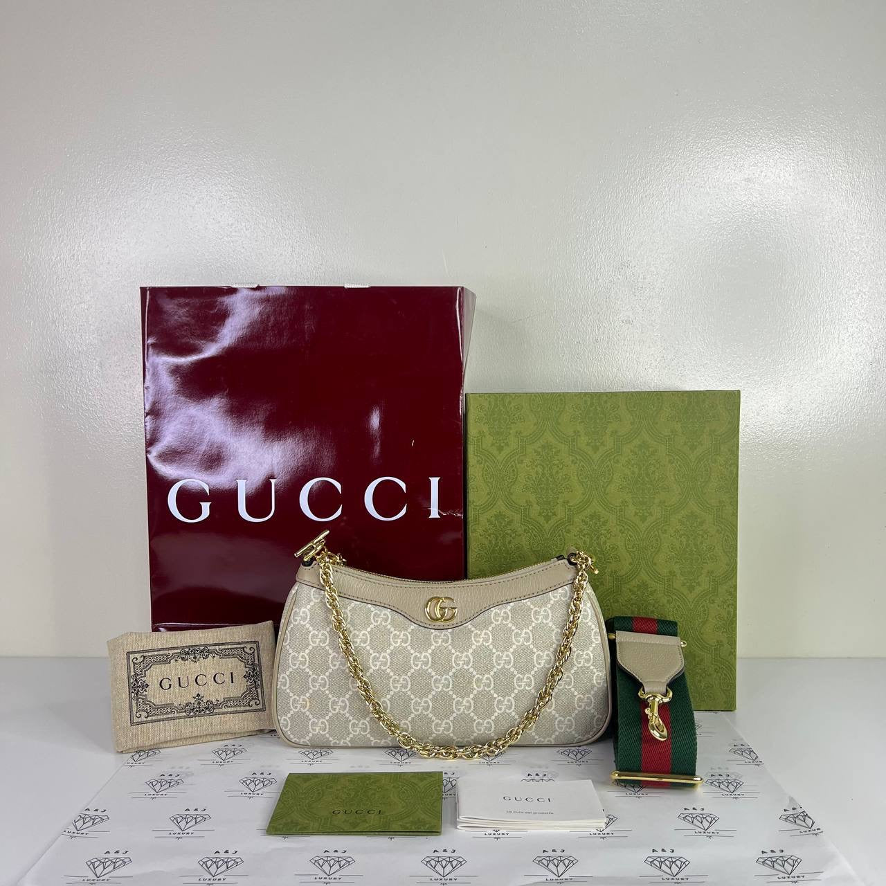 [PRE LOVED] Gucci Small Ophidia Shoulder Bag with Beige Leather trims