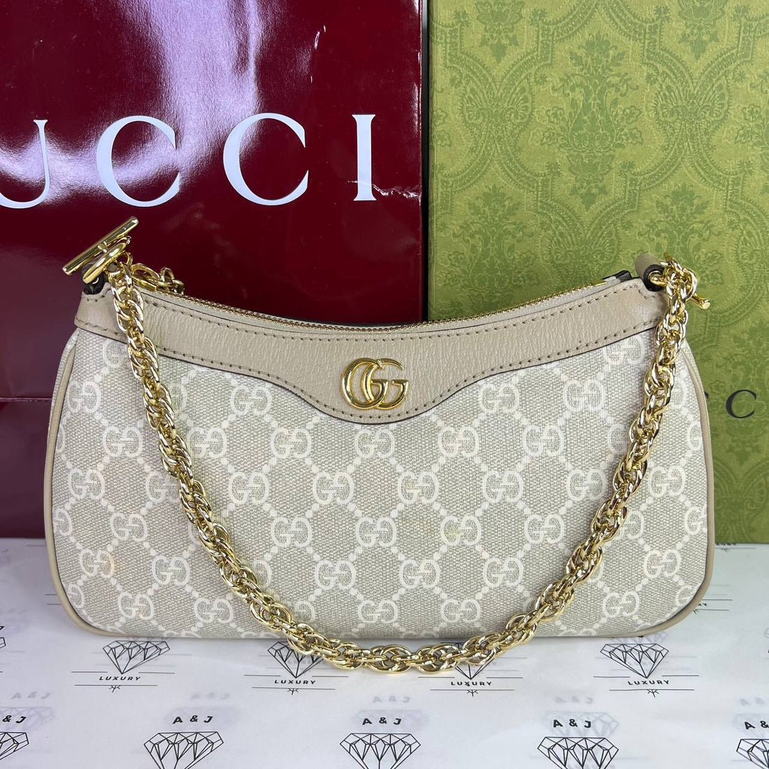 [PRE LOVED] Gucci Small Ophidia Shoulder Bag with Beige Leather trims